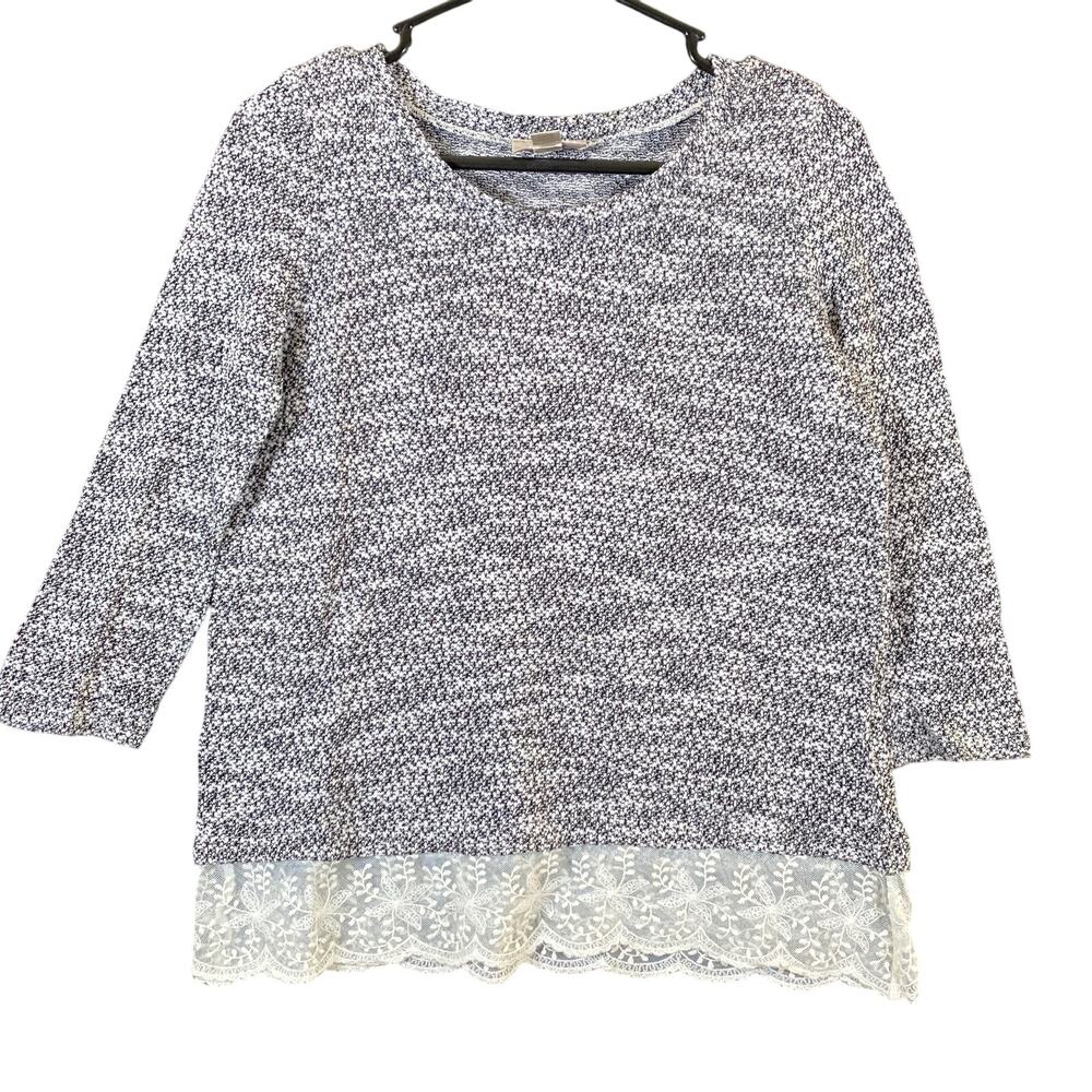 Loft Womens Sweater Gray Round Neck Long Sleeve Lace Hem Knit Stretch Small